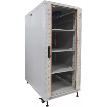 IT-BUDGET 19 inch netwerkkast SRK - Compleet set - 27U - 600x600 mm - glazen/stalen deur - 4 actieve ventilatoren - PDU - legplanken - flatpack - lichtgrijs (90ITB19SRK2766GG)