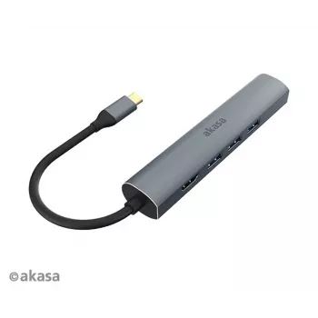 Akasa AK-CBCA22-18BK USB-C multiport-adapter - USB 3.2 Gen 1 Type-C naar HDMI, RJ-45, USB-A - aluminium - zwart - 18 cm