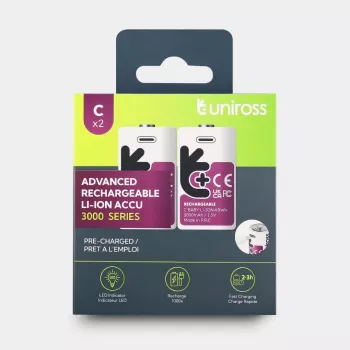 Uniross USB-C C/HR14 accu lithium-ion 3000mAh, 2-pack