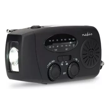 Nedis RDFMCR2000BK solarradio met zaklamp en SOS-functie, FM/AM, USB-C, 2000 mAh, zwart
