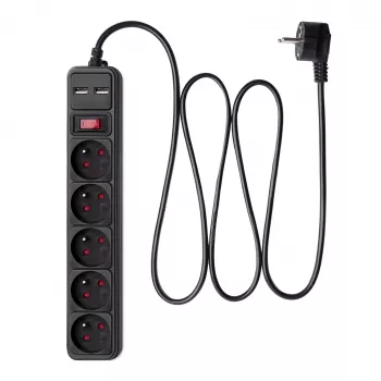 Akyga AK-SP-05U stekkerdoos met overspanningsbeveiliging, 5x CEE 7/5 (type E), 2x USB-A, 1,8 m, zwart