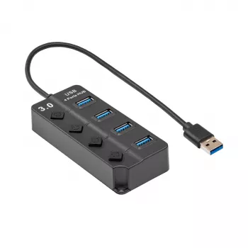 Akyga AK-AD-33 actieve USB 3.0-hub, 4 poorten met afzonderlijke schakelaars, 15 cm, zwart