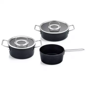 Fissler Adamant pannenset, 3-delig: kookpan 20 cm, braadpan 24 cm en steelpan 18 cm, met glazen deksels (156-115-03-000/0)
