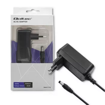 Qoltec AC/DC wandadapter 36W 12V 3A 5,5x2,1mm zwart