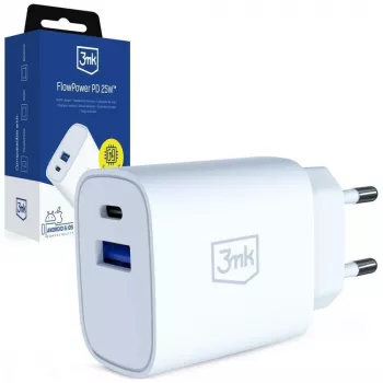 3MK oplader 25W USB-A USB-C PD QC4+ FlowPower wit