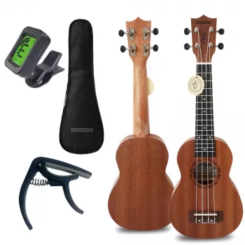 MOZOS GECKO Sopraan-ukuleleset – natuurhout, 12 frets, nylonsnaren, incl. gigbag, stemapparaat, plectrums, draagband, reservesnaren, reinigingsdoek