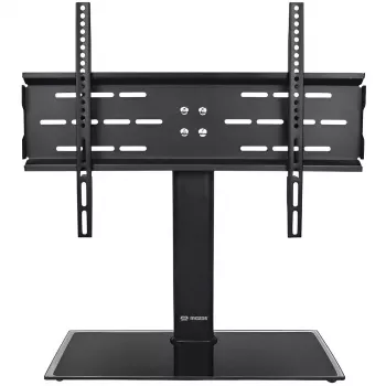 MOZOS TS1 universele tv-standvoet voor 32 inch-65 inch televisies, gehard glazen basis, stalen zuil, zwart, in hoogte verstelbaar, VESA tot 600x400, max. 40 kg