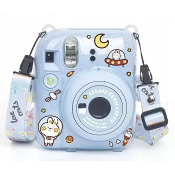 LOVEINSTANT beschermhoes voor Fujifilm Instax Mini 12 - Escape From Earth, blauw glitzer met stickers en fototas