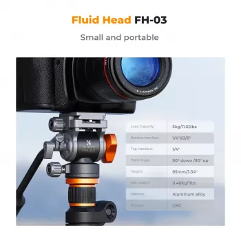 K&F Concept FH-03 fluid videokop, 5kg belasting, Arca-Swiss, 1/4 inch-20 & 3/8 inch-16, zwart