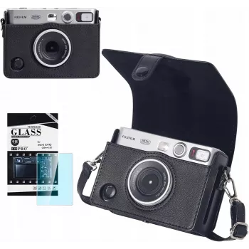 LOVEINSTANT 2-in-1 beschermhoes en gehard glas schermbeschermer set voor Fujifilm Instax Mini Evo - zwart