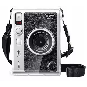 LOVEINSTANT 6-in-1 kit: transparante harde schaal + gehard glasbescherming + 64-vaks fotoalbum + objectiefdop + fotolijstjes + schouderband voor Fujifilm Instax Mini Evo