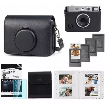 LOVEINSTANT 5-in-1 kit: case + gehard glas + 64-vaks album + fototasje + fotolijstjes voor Fuji Instax Mini Evo / zwart