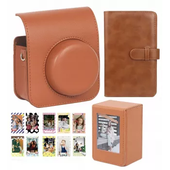 LOVEINSTANT 4-in-1 kit: cameratas, fotoalbum, opbergbox, sticker voor Fuji Instax Mini 41 - bruin