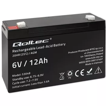Qoltec AGM-accu 6V 12Ah onderhoudsvrij LongLife voor UPS, weegschalen, kassa's