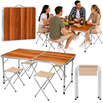 LEAN campingmeubelset - opvouwbare tafel en 4 krukjes in houten koffer