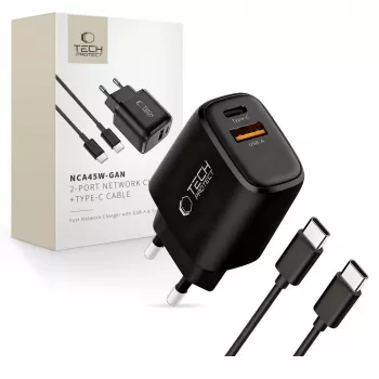 TECH-PROTECT NCA45W-GAN 2-poorts netwerkoplader PD 45W / QC3.0 + USB-C-kabel zwart