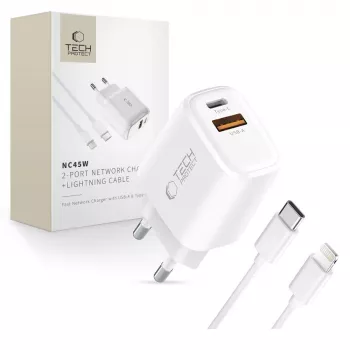 TECH-PROTECT NCA45W-GAN 2-poorts netwerkoplader PD 45W / QC3.0 + Lightning-kabel wit