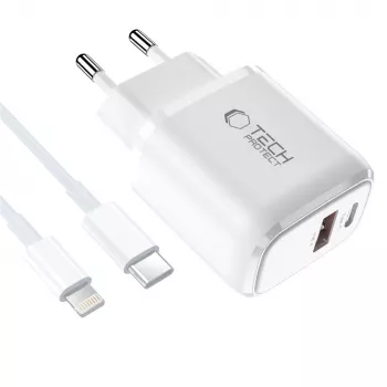 TECH-PROTECT NCA45W-GAN 2-poorts netwerkoplader PD 45W / QC3.0 + Lightning-kabel wit