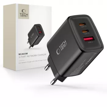 TECH-PROTECT NCA65W-GAN 3-poorts netwerkoplader PD 65W / QC3.0 zwart