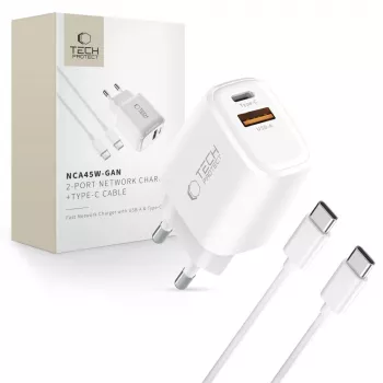 TECH-PROTECT NCA45W-GAN 2-poorts netwerkoplader PD 45W / QC3.0 + USB-C-kabel wit