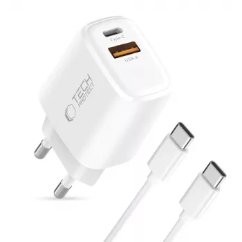 TECH-PROTECT NCA45W-GAN 2-poorts netwerkoplader PD 45W / QC3.0 + USB-C-kabel wit