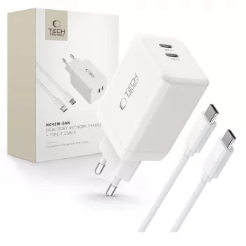 TECH-PROTECT NC45W-GAN 2-poorts netwerkoplader PD 45W + USB-C kabel wit