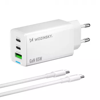 Wozinsky GaN 65W oplader met USB-A en 2x USB-C aansluitingen en USB-C kabel 65W - wit