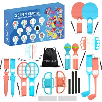 HURTEL Family Accessories Kit 23 in 1 voor Nintendo Switch 2 - oranje en blauw set