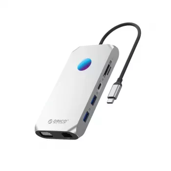 ORICO XCR 12-in-1 USB-C dockingstation met RGB, 2x USB-A 3.1, 1x USB-A 2.0, 1x USB-C PD 100W, 1x USB-C 3.1, 2x HDMI 2.0 4K 60Hz, 1x VGA 1080p, 1x microSD/SD 3.0, 1x RJ45 Gigabit Ethernet, 1x audio CTIA 3,5mm - grijs