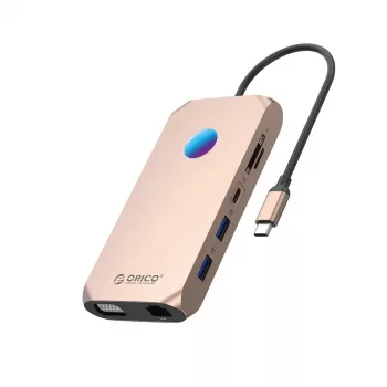 ORICO XCR 12w1 RGB USB-C dockingstation, 12-in-1, 3x USB-A 3.1, 1x USB-A 2.0, 1x USB-C PD 100W, 1x USB-C 3.1, 1x HDMI 1.4 4K 30Hz, 1x VGA 1080p, 1x microSD/SD 3.0, 1x RJ45 Gigabit Ethernet, 1x audio CTIA 3,5mm, Rose Gold