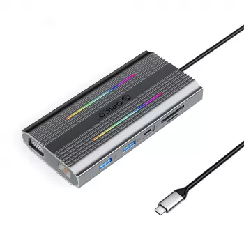 ORICO XCR 12-in-1 USB-C dockingstation met RGB, 3x USB-A, USB-C PD 100W, HDMI 4K, VGA, RJ45 Gigabit, SD/microSD-kaartlezer - grijs