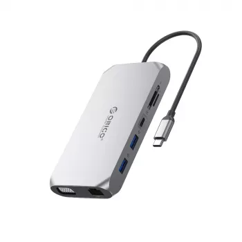 ORICO XCR 12-in-1 USB-C dockingstation, 2x USB-A 3.1, 1x USB-A 2.0, 1x USB-C PD 100W, 1x USB-C 3.1, 2x HDMI 2.0 4K 60Hz, 1x VGA 1080p, SD/microSD 3.0, RJ45 Gigabit Ethernet, 3,5mm audio, grijs
