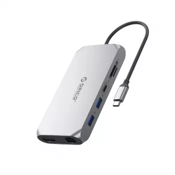 ORICO XCR 12-in-1 USB-C dockingstation 2x USB-A 3.1 1x USB-A 2.0 1x USB-C PD 100W 1x USB-C 3.1 2x HDMI 2.0 4K 60Hz 1x DisplayPort 1.4 4K 60Hz 1x SD 3.0 1x microSD 3.0 1x RJ45 Gigabit Ethernet 1x audio CTIA 3,5mm - grijs