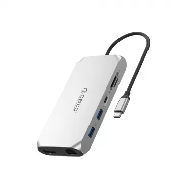 ORICO XCR 12-in-1 USB-C dockingstation, 2x USB-A 3.1, 1x USB-A 2.0, 1x USB-C PD 100W, 1x USB-C 3.1, 2x HDMI 2.0 4K 60Hz, 1x DisplayPort 1.4 4K 60Hz, SD/microSD 3.0, RJ45 Gigabit Ethernet, 3,5mm audio CTIA, zilver