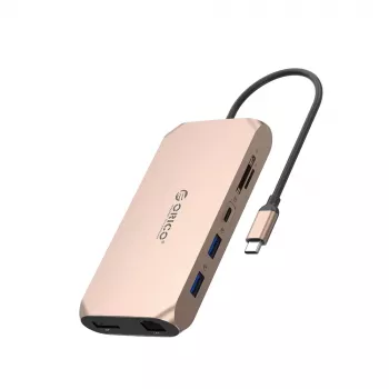 ORICO XCR 12-in-1 USB-C dockingstation, 2x USB-A 3.1, 1x USB-A 2.0, 1x USB-C PD 100W, 1x USB-C 3.1, 2x HDMI 2.0 4K 60Hz, 1x DisplayPort 1.4 4K 60Hz, SD/microSD 3.0, RJ45 Gigabit Ethernet, 3,5mm audio, Rose Gold