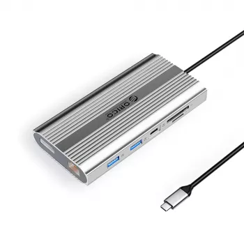 ORICO XDR 12-in-1 USB-C dockingstation, 2x HDMI 4K 60Hz, DisplayPort 4K 60Hz, RJ45 Gigabit, PD 100W, SD/microSD-kaartlezer, zilver