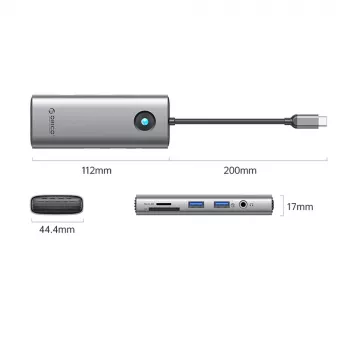 ORICO PW11 USB-C dockingstation 8-in-1, 2x USB-A 3.0, 1x USB-C PD 100W, 1x HDMI 4K 60Hz, 1x microSD/SD, 1x RJ45 Gigabit Ethernet, 1x audio 3,5mm, grijs