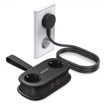 ORICO AP3 65W GaN 6-in-1 stekkerdoos met 2 AC-stopcontacten, 2 USB-A- en 2 USB-C-aansluitingen, 1,5 m kabel, zwart