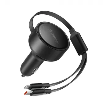 ORICO Dual Stretch 60W USB-C autolader met twee intrekbare kabels USB-C + Lightning - zwart
