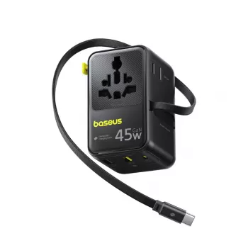 Baseus PicoGo AG11 45W 6-in-1 universele reisadapter met intrekbare USB-C-kabel - zwart