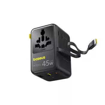 Baseus PicoGo AG11 45W 6-in-1 universele reisadapter met intrekbare USB-C-kabel - zwart