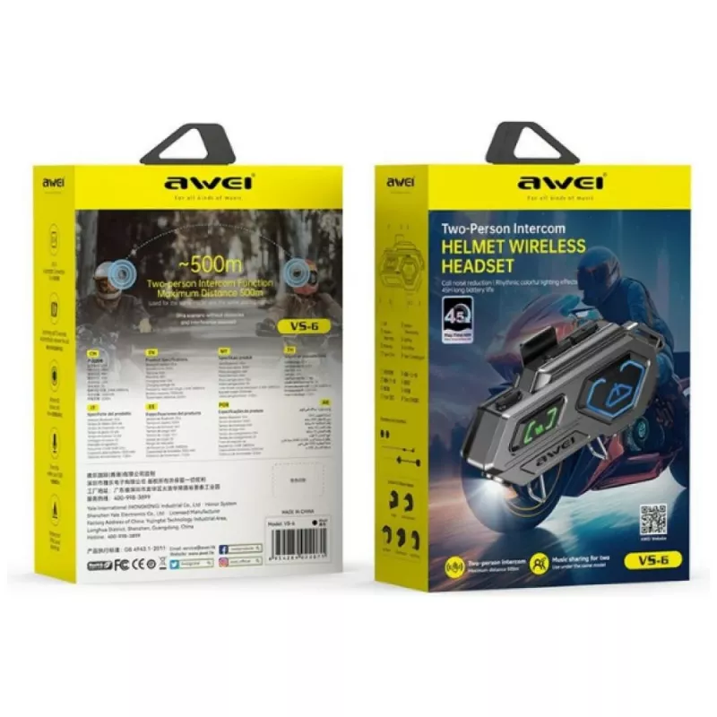 AWEI VS-6 motorfiets Bluetooth-intercomheadset zwart