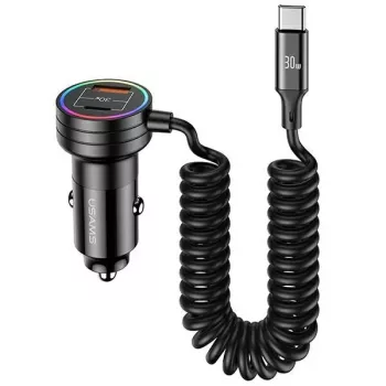 USAMS auto-oplader 60W 2xUSB-C 1xUSB-A met spiraalkabel snelladen PD QC zwart CC167CC01