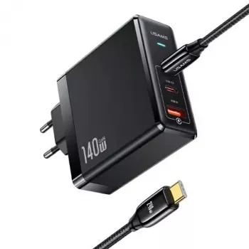 USAMS T52PD140W 140W GaN-voeding met 240W USB-C-kabel, 2xUSB-C + 1xUSB-A, PD-snelladen, zwart (US-CC168 + US-SJ581) UM-serie UMXLOGTC01
