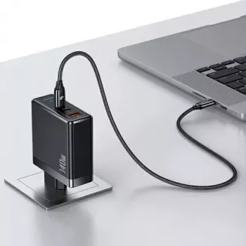 USAMS T52PD140W 140W GaN-voeding met 240W USB-C-kabel, 2xUSB-C + 1xUSB-A, PD-snelladen, zwart (US-CC168 + US-SJ581) UM-serie UMXLOGTC01