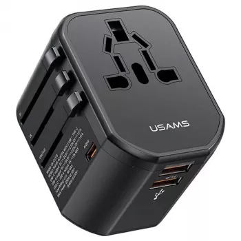 USAMS T59 20W universele reisoplader met 2 USB-A- en 1 USB-C-aansluiting, zwart, verwisselbare stekkers US/AU/EU/UK