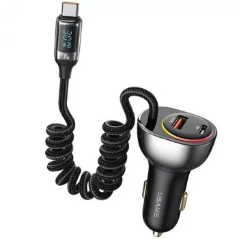 USAMS C37 auto-oplader 1xUSB-A + 1xUSB-C 60W met USB-C naar USB-C-kabel 30W PD+QC snelladen zwart CC192CC01 (US-CC192)