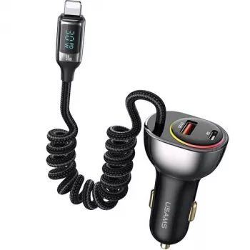 USAMS C37 auto-oplader 60W 1xUSB-A + 1xUSB-C PD+QC snelladen met Lightning-kabel 30W zwart CC193CC01 (US-CC193)