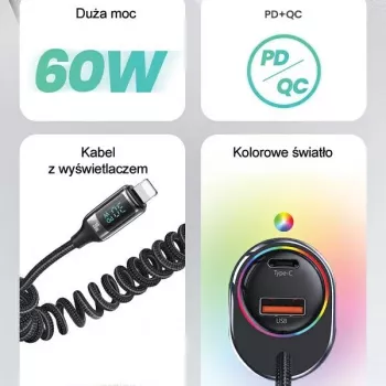 USAMS C37 auto-oplader 60W 1xUSB-A + 1xUSB-C PD+QC snelladen met Lightning-kabel 30W zwart CC193CC01 (US-CC193)