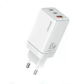 USAMS Sandru-serie CC180TC02 GaN 65W USB-C-oplader (wit) - 2xUSB-C + 1xUSB-A, PD3.0 & QC3.0 snelladen, EU-stekker